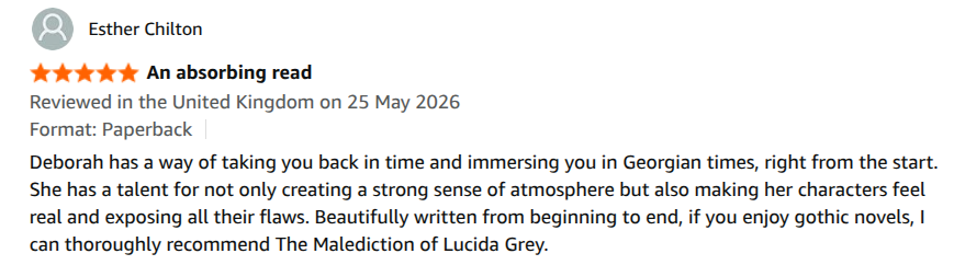 A 5-star review of The Malediction of Lucida Grey from Amazon
